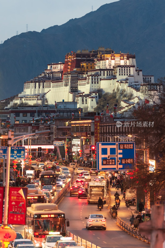 中国西藏拉萨布达拉宫夜景城市建筑风光