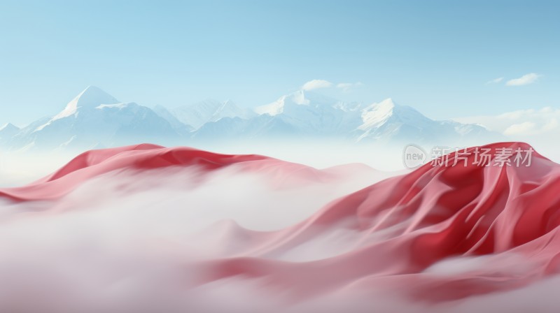 高山云雾和红色丝绸飘带