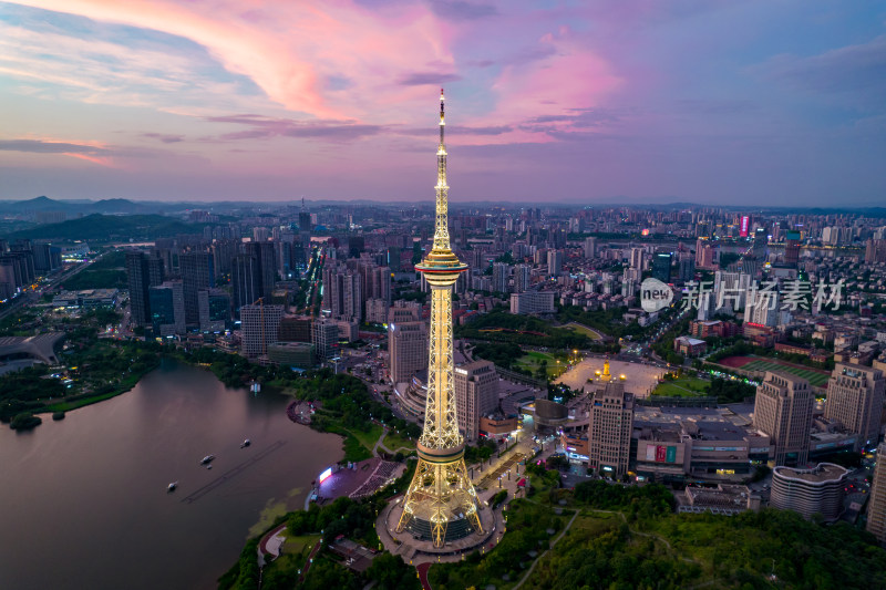 中国湖南省株洲市天元区神农塔夜景航拍