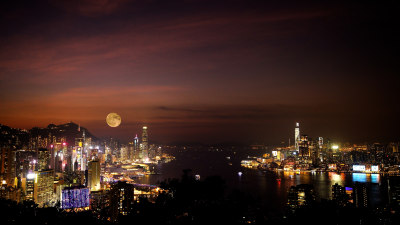 香港中秋月亮城市照片摄影太平山上赏月夜景