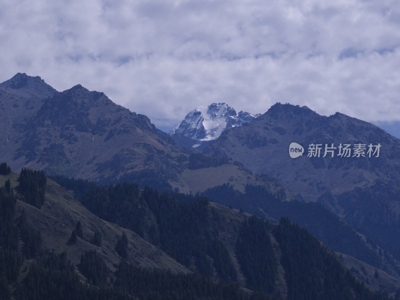 新疆天山天池夏季雪山湖面