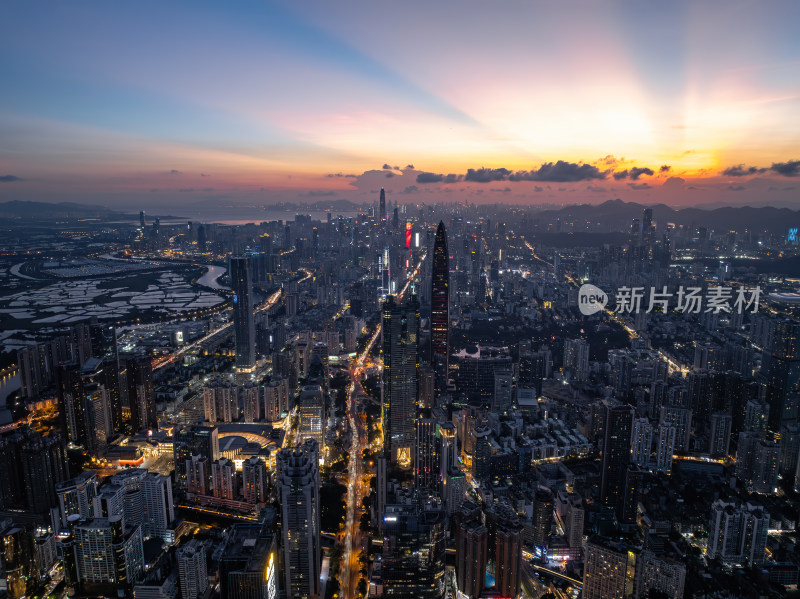 深圳罗湖CBD平安大厦长焦日落夜景航拍