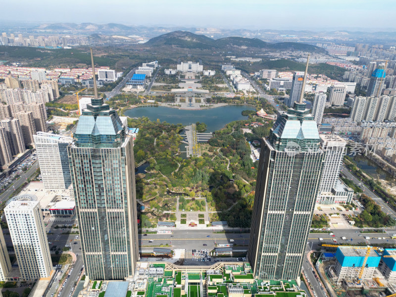 枣庄凤鸣湖 双子星 市府广场中轴线航拍全景