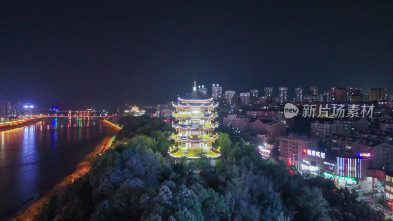 陕西安康安澜公园安澜楼夜景航拍