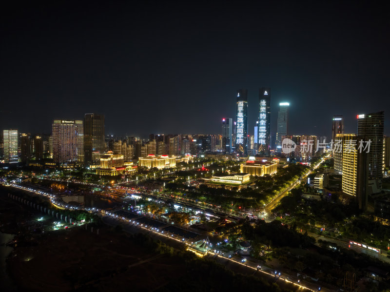 江西南昌红谷滩新区秋水广场夜晚日出航拍