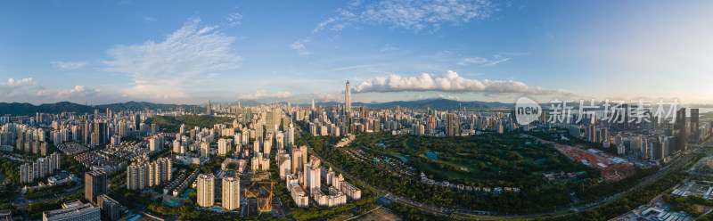 航拍广东深圳福田天际线夕阳180度全景