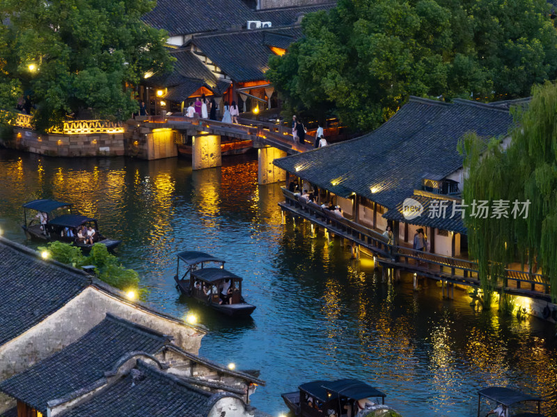 浙江嘉兴桐乡乌镇西栅景区江南水乡航拍夜景
