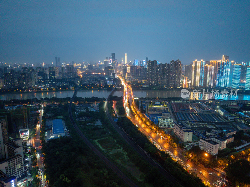 长沙城市夜景下的道路与高楼全景航拍