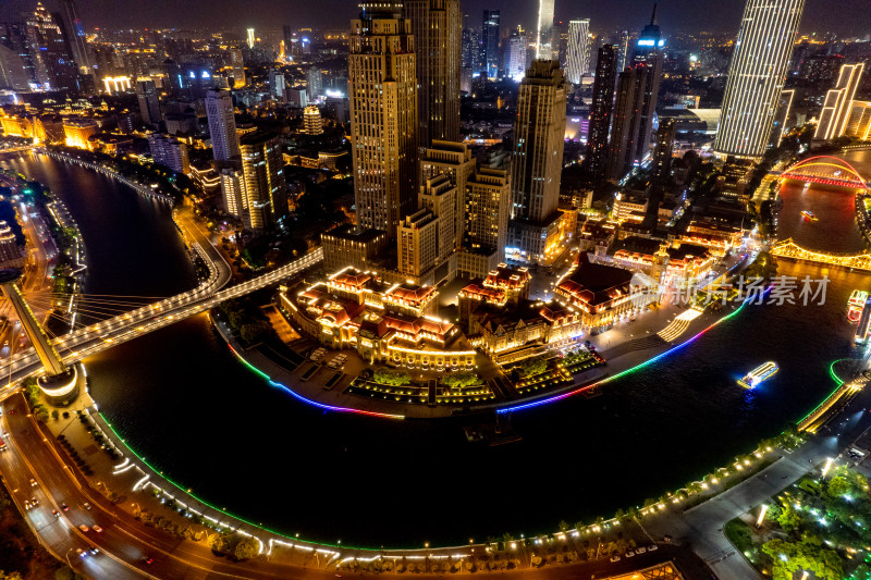 天津城市夜景灯光航拍图