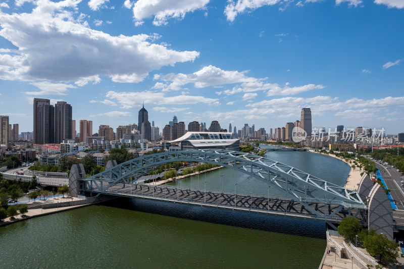 晴天天津海河国泰桥城市建筑风光航拍