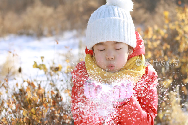 寒冷的冬天里玩雪的小女孩