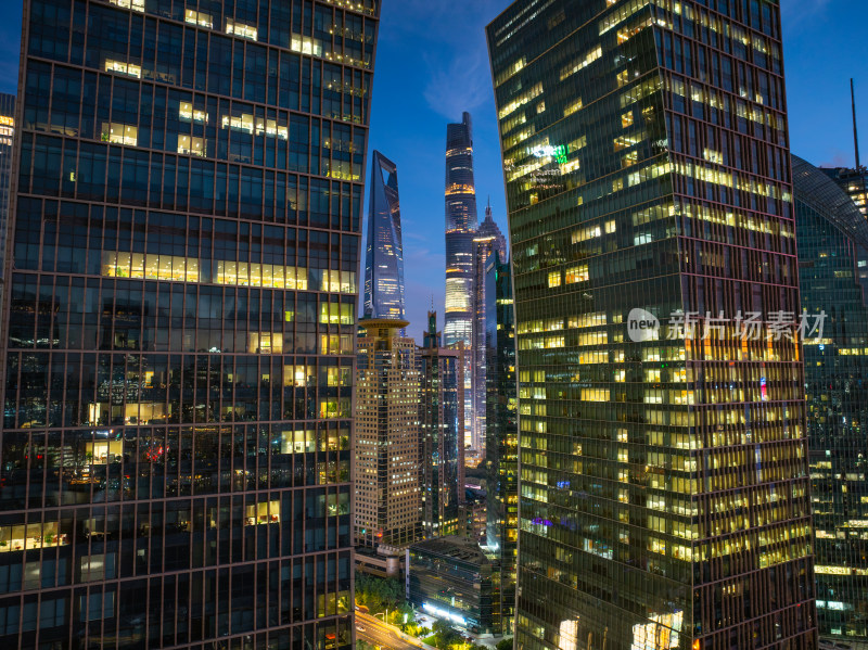 航拍上海陆家嘴金融中心密集高楼群夜景