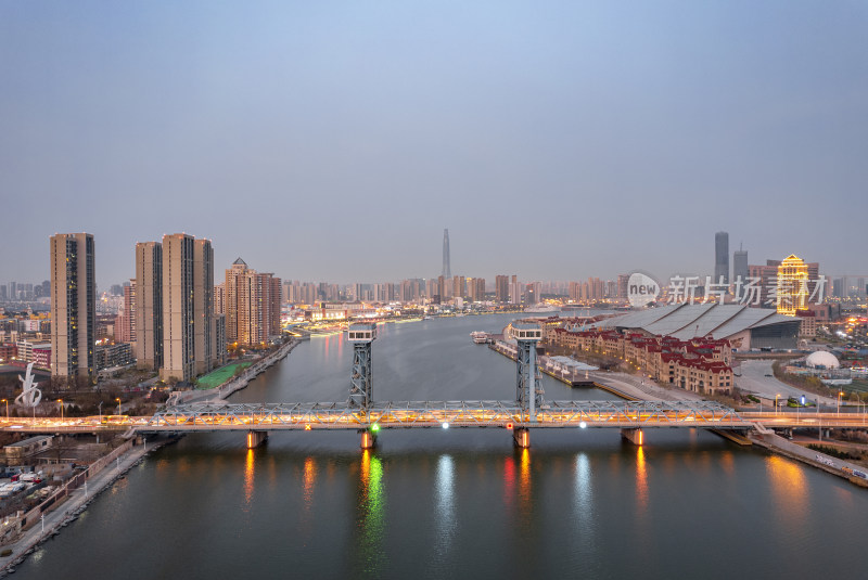 天津海河响螺湾海门大桥城市风光夜景航拍