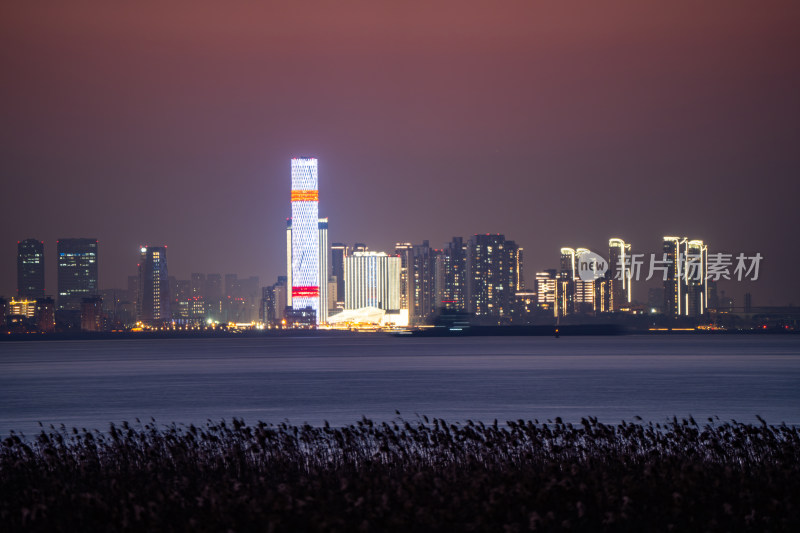 长兴岛眺望上海宝山滨江长滩观光塔夜景