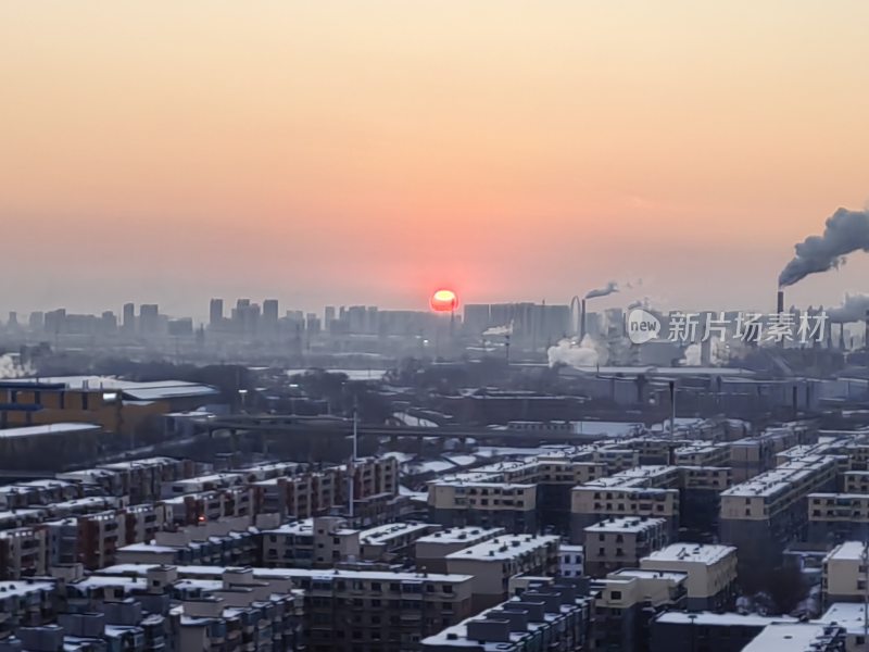 城市冬日夕阳全景