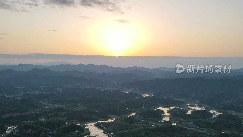 航拍山川农田日落晚霞