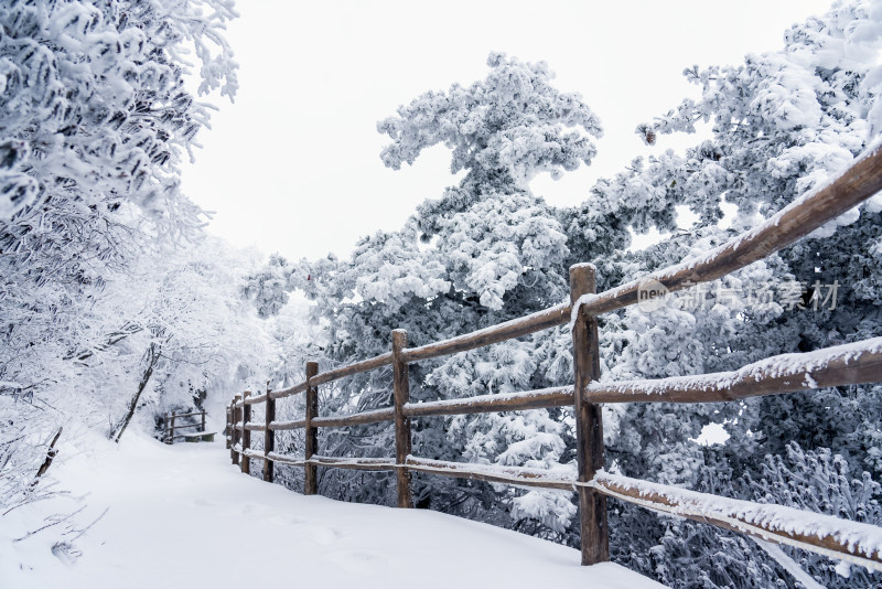 冬天大雪景区步道栏杆