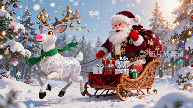 圣诞老人乘驯鹿雪橇送礼物