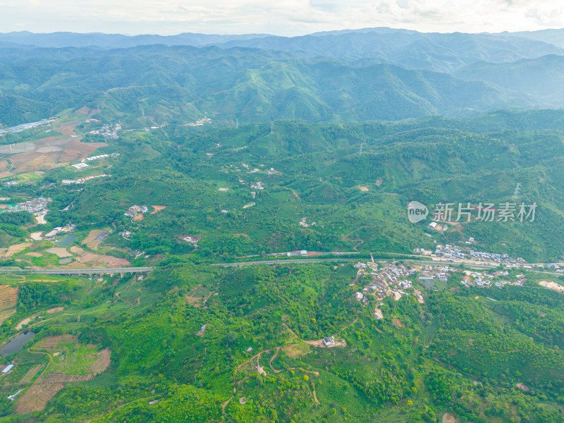 航拍天空高山农田田园村寨风光