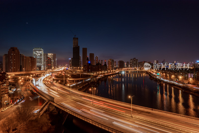 晚高峰天津立交桥车流街道交通夜景航拍