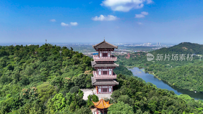 航拍湖北鄂州西山4A景区武昌阁