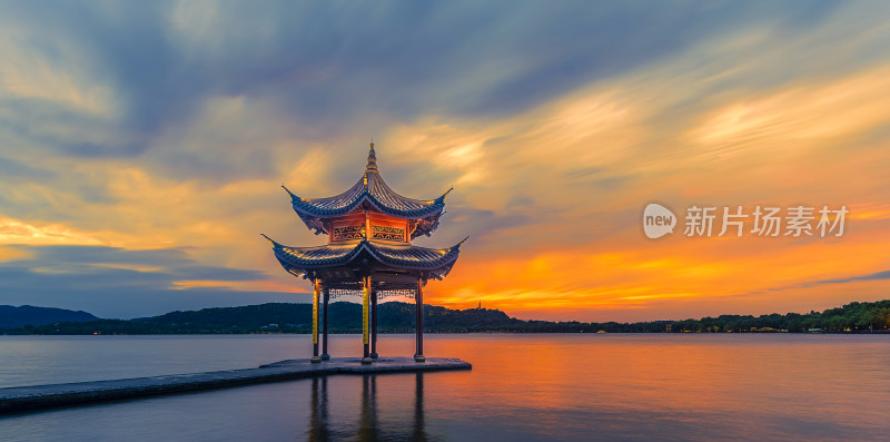 杭州西湖集贤亭火烧云晚霞夜景