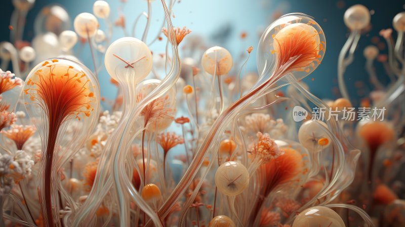 未来科幻概念插图，生长着的鲜花植物和真菌