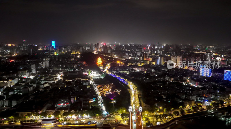 湖北武汉户部巷黄鹤楼夜景航拍图