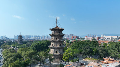 泉州东西塔航拍泉州西街开元寺夕阳日落风景