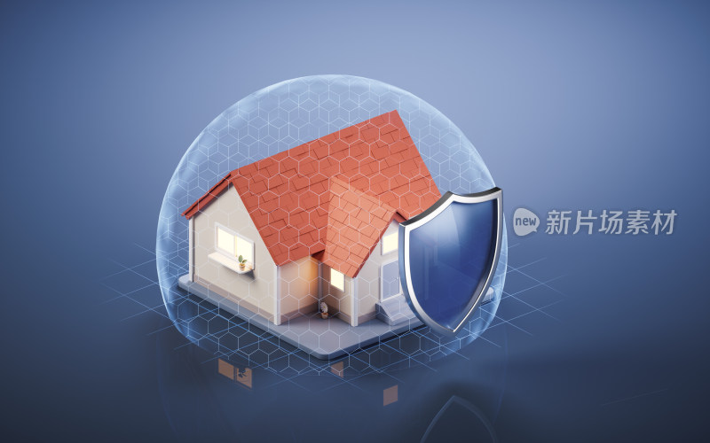 房屋住宅与安全护盾3D渲染