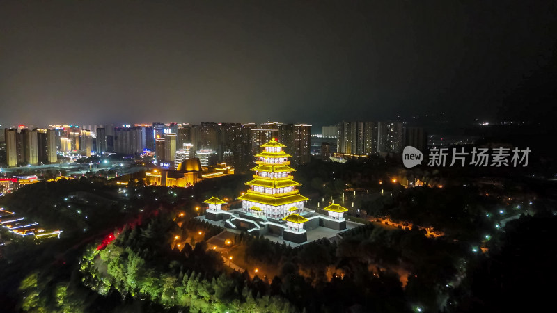 陕西宝鸡中华石鼓园石鼓阁夜景航拍图