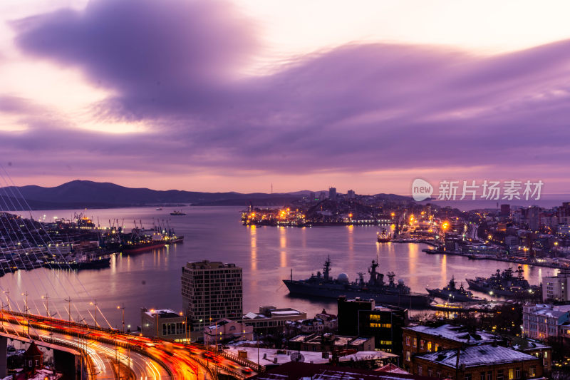 俄罗斯海参崴金角湾跨海大桥晚霞风景