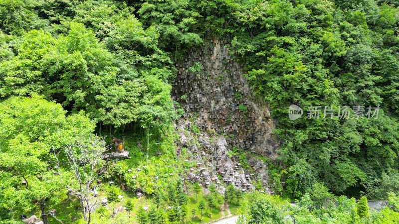 航拍湖北神农架官门山景区悬崖蜂箱