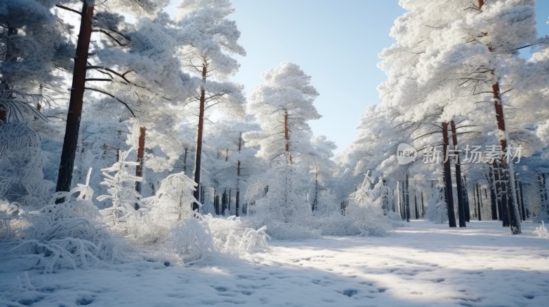 冬季雪山林中被冰雪覆盖着的树