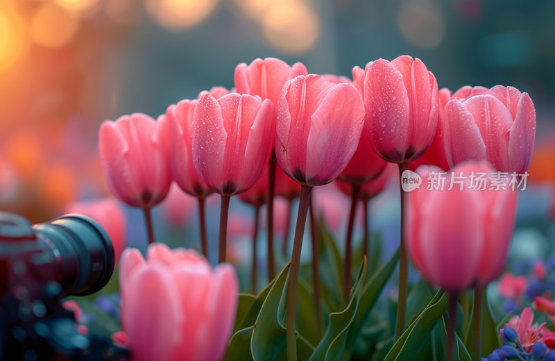 摄影师正在拍摄夕阳下盛开的郁金香花田