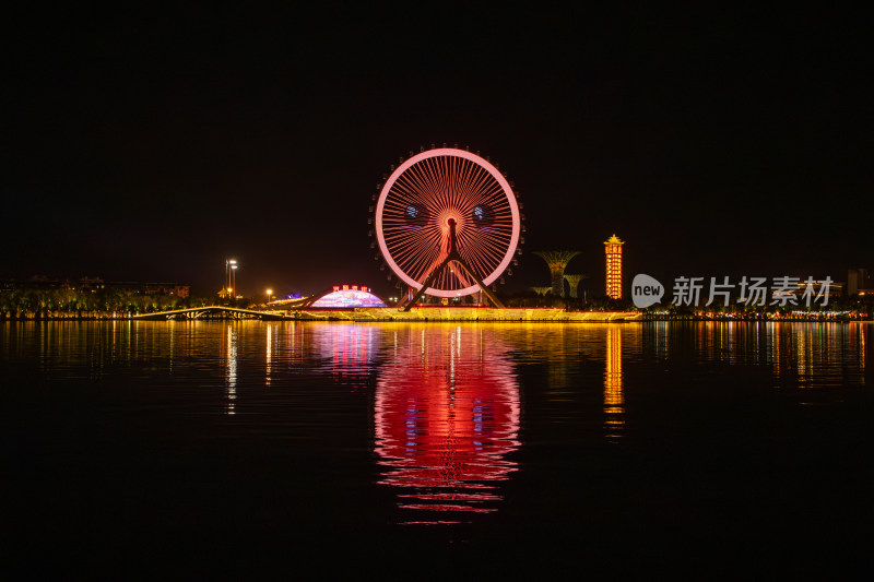 唐山惠丰湖唐山之光摩天轮夜景与湖光倒影