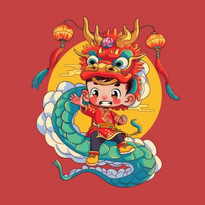 国潮插图，舞龙的小男孩
