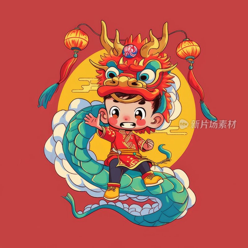 国潮插图，舞龙的小男孩