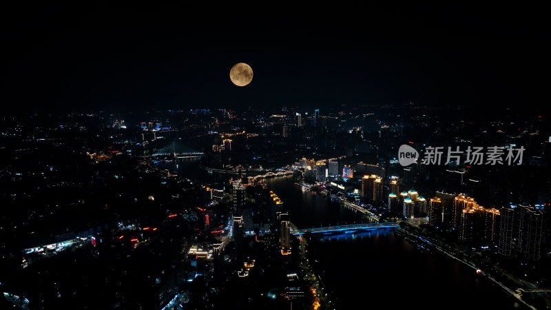 福州夜景照片航拍城市超级月亮福州中秋月亮