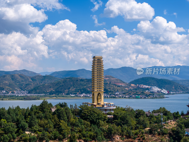 云南大理洱海罗荃半岛风景区罗荃塔航拍