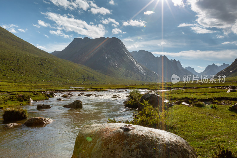 蓝天白云草原山峰湖泊