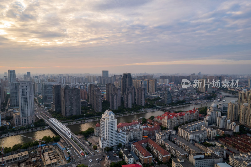 天津站海河津湾广场城市建筑日落晚霞航拍