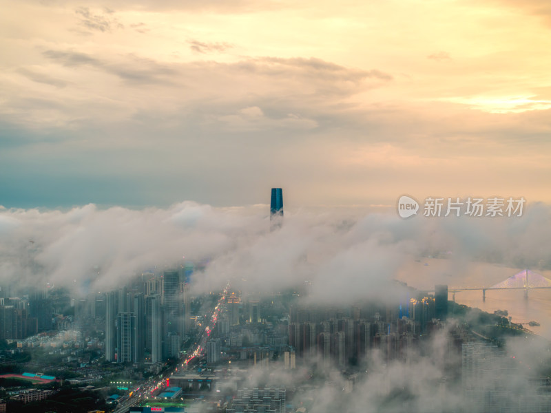 航拍夏季武汉暴雨后云雾中的城市风光