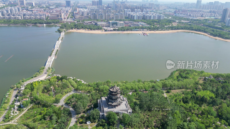 航拍山东东营清风湖公园多宝塔