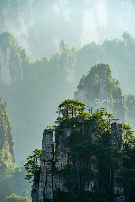 中国湖南省张家界的雾中石柱与山脉景观