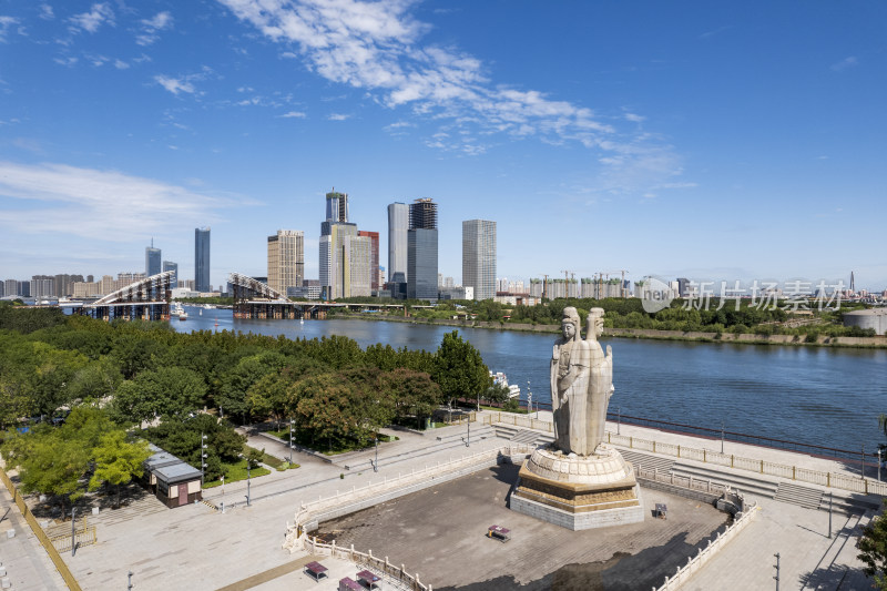 天津滨海海河于家堡中心潮音寺城市风光航拍