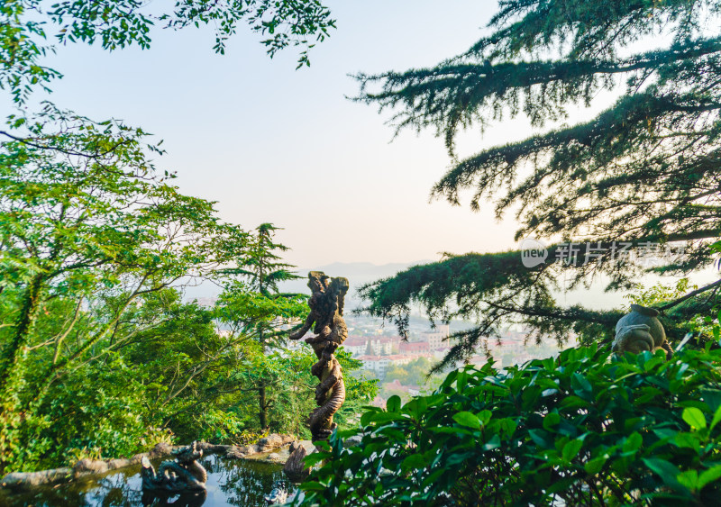 青岛信号山山林间雕塑与城市远景