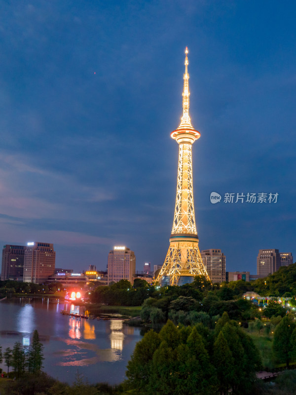 中国湖南省株洲市天元区神农塔夜景航拍