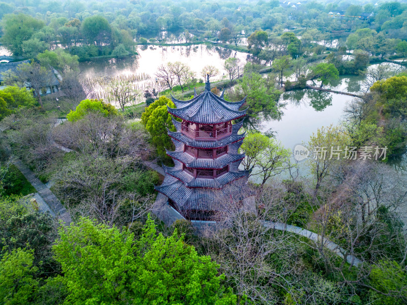 杭州西溪湿地洪园步云塔航拍