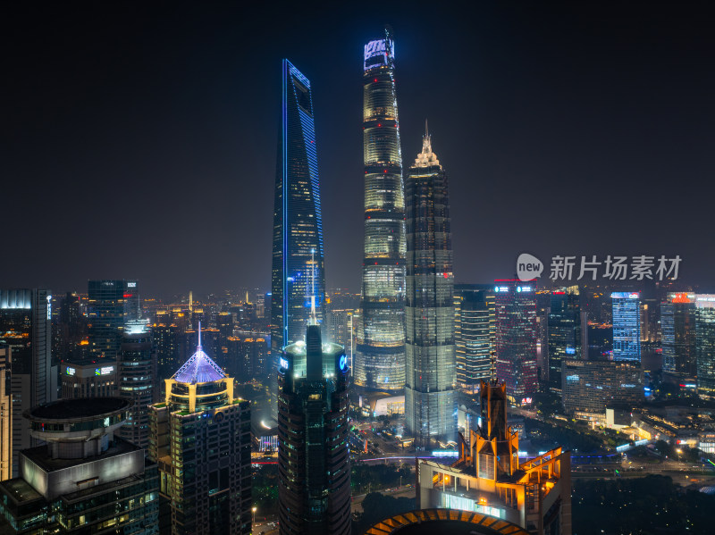 航拍上海陆家嘴高金融中心密集高楼群夜景